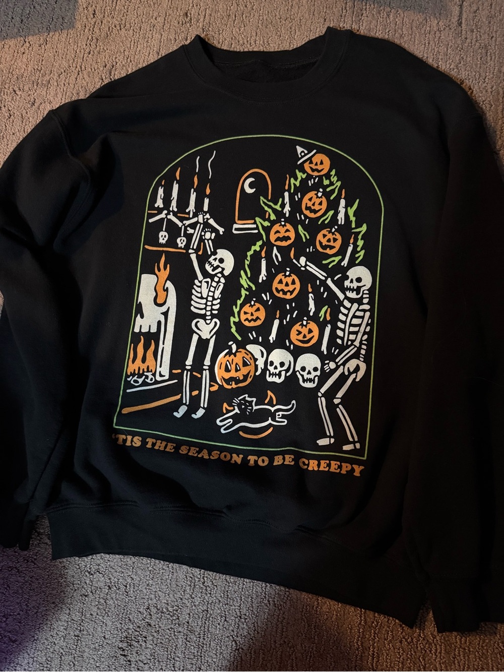 Women's Black Halloween Graphic Crewneck Sweater - 'Tis The Season To Be Creepy